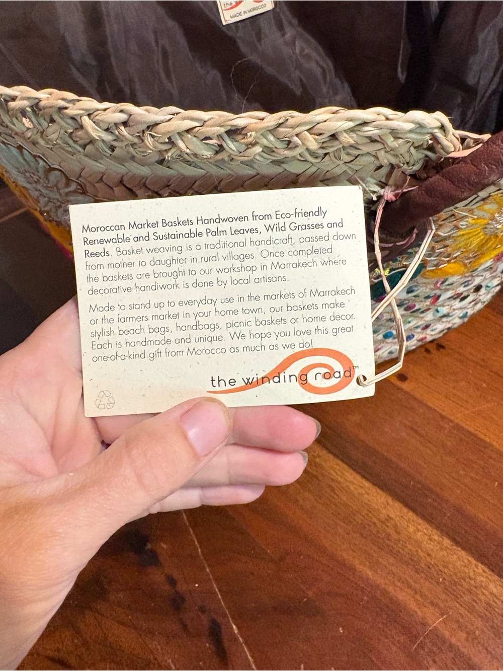New with tags, The Winding Road Handwoven Embroidered Moroccan Basket - Picture 7 of 8